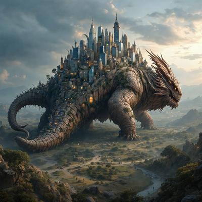 Primary subject: A large, multi-tiered castle with a dragon-like appearance.

Setting/background: A lush green field with a castle in the background.

Visual style: Digital art.

Colors and mood: The image is in color, with a vibrant and lively atmosphere.
